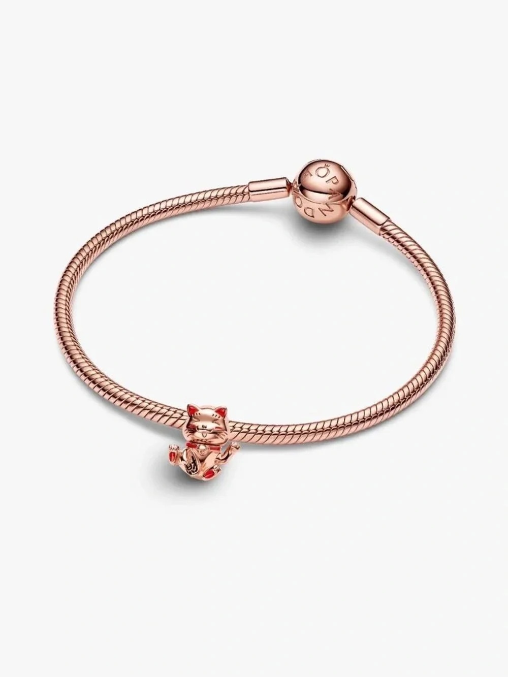 Pandora Rose Gold Snake Chain Bracelet with Rose Gold Lucky Cat Charm